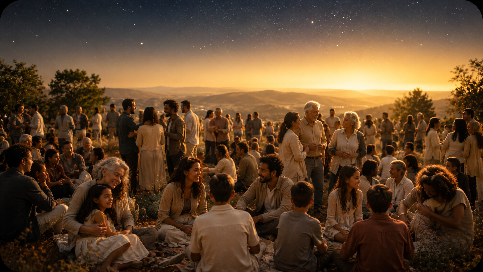 Community gathered in soft eternal light, World to Come