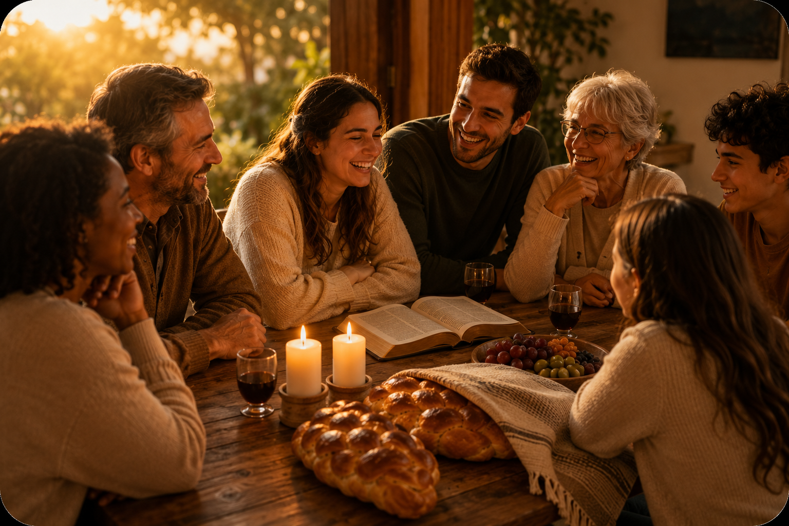 Family gathered for Sabbath with candlelight and challah