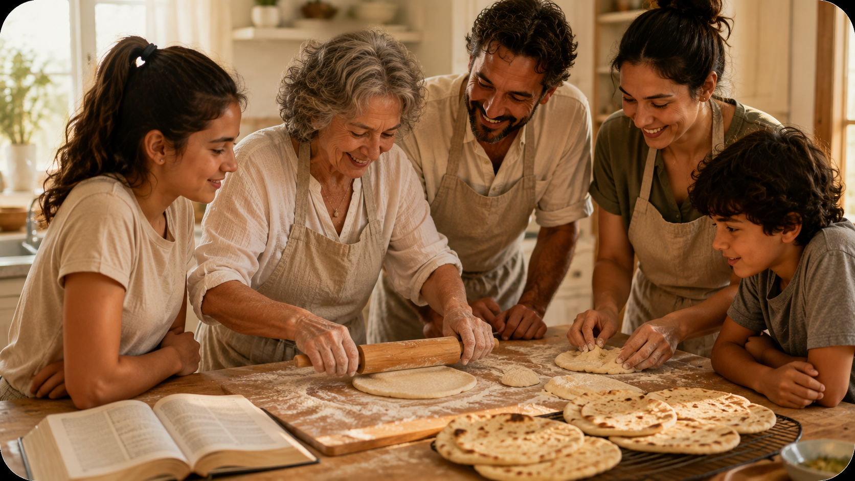 Family baking unleavened bread together