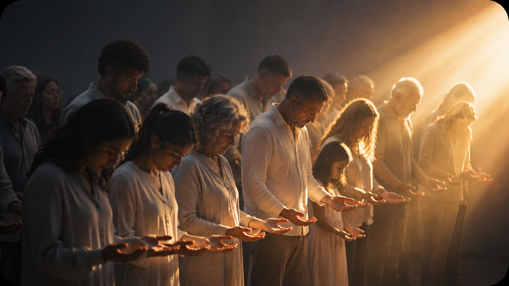 Bowed heads and open hands, light breaking through shadow